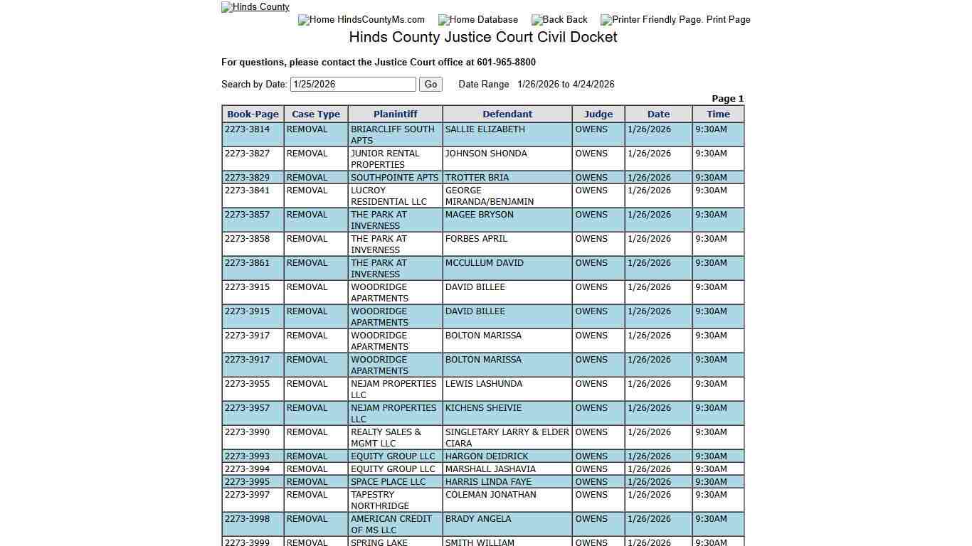 Hinds County Justice Court Civil Docket
